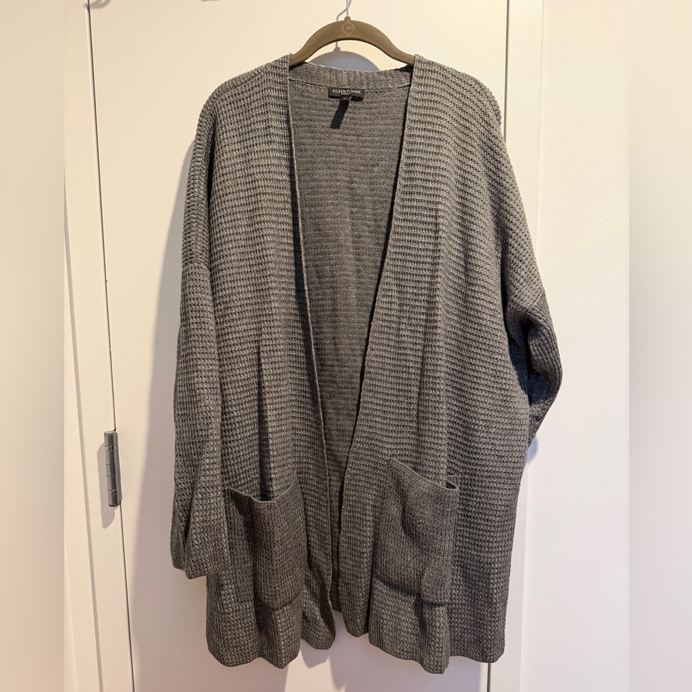 Eileen Fisher Cotton Blend Gray Open Cardigan Sweater Tunic Waffle Knit 3X